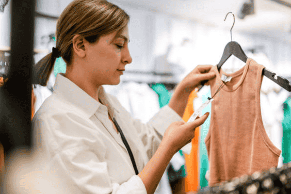 People looking at clothing labels with certification logos